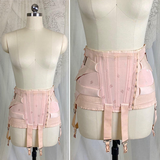 Vintage 1940's Girdle - Candy Pink Rayon Blend with Floral Satin Damask & Double Fan Corset Lacing - Size M - By Truform - Daggers & Dames