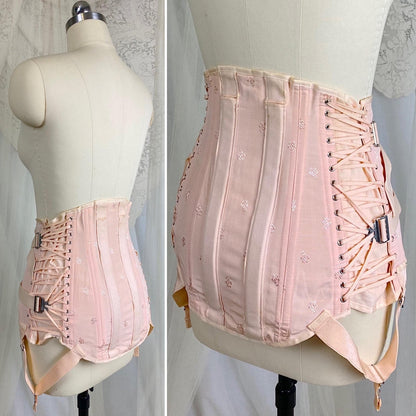 Vintage 1940's Girdle - Candy Pink Rayon Blend with Floral Satin Damask & Double Fan Corset Lacing - Size M - By Truform - Daggers & Dames