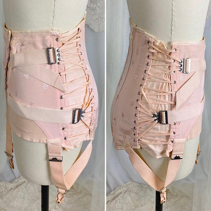 Vintage 1940's Girdle - Candy Pink Rayon Blend with Floral Satin Damask & Double Fan Corset Lacing - Size M - By Truform - Daggers & Dames
