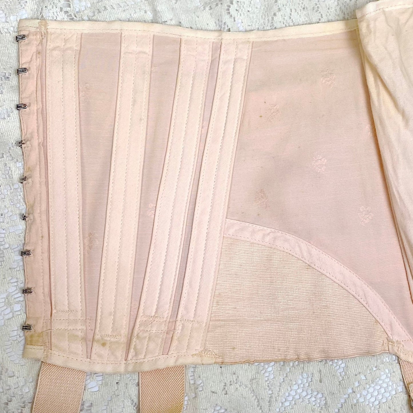 Vintage 1940's Girdle - Candy Pink Rayon Blend with Floral Satin Damask & Double Fan Corset Lacing - Size M - By Truform - Daggers & Dames