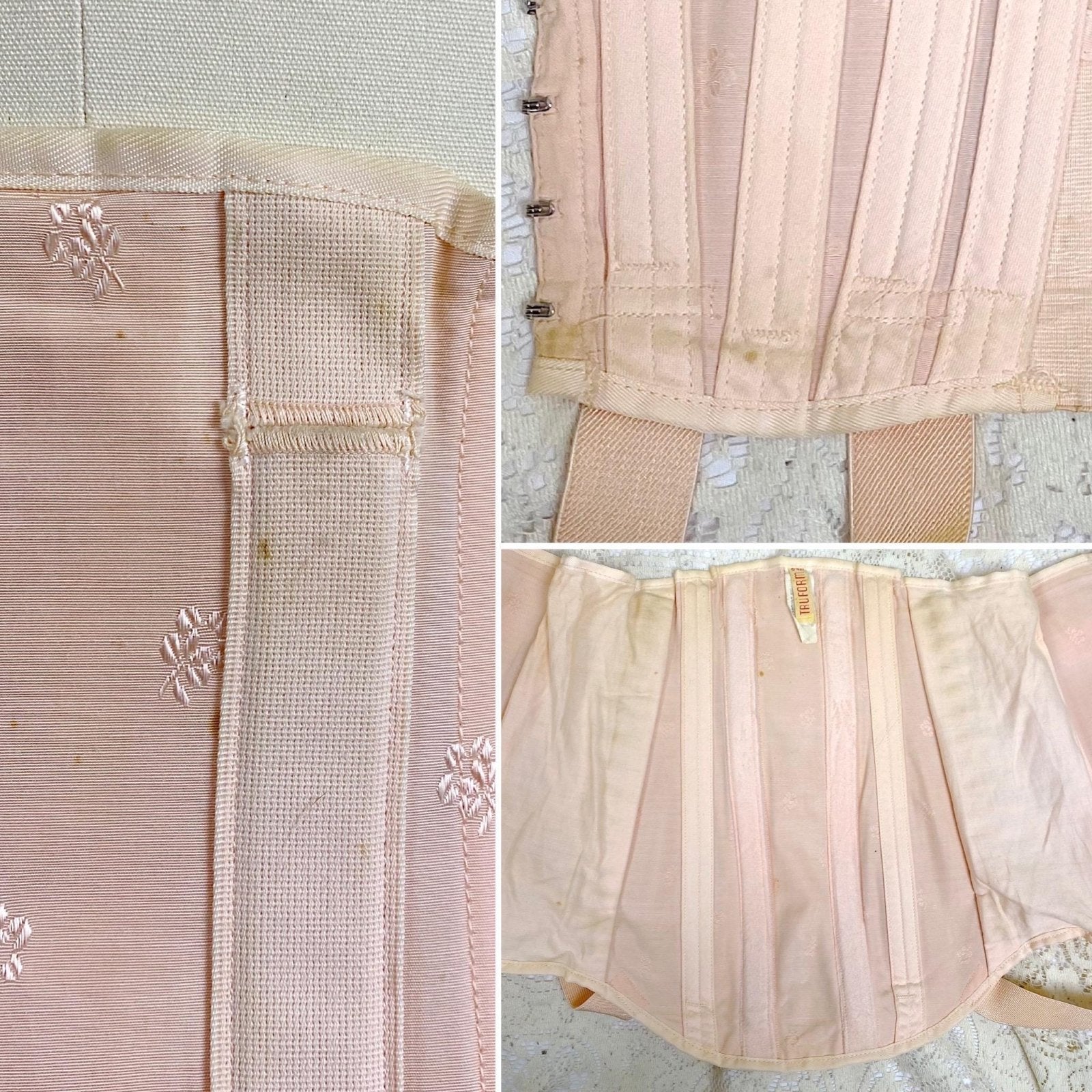 Vintage 1940's Girdle - Candy Pink Rayon Blend with Floral Satin Damask & Double Fan Corset Lacing - Size M - By Truform - Daggers & Dames