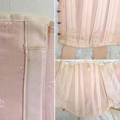 Vintage 1940's Girdle - Candy Pink Rayon Blend with Floral Satin Damask & Double Fan Corset Lacing - Size M - By Truform - Daggers & Dames