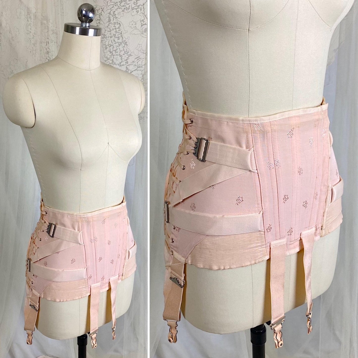 Vintage 1940's Girdle - Candy Pink Rayon Blend with Floral Satin Damask & Double Fan Corset Lacing - Size M - By Truform - Daggers & Dames