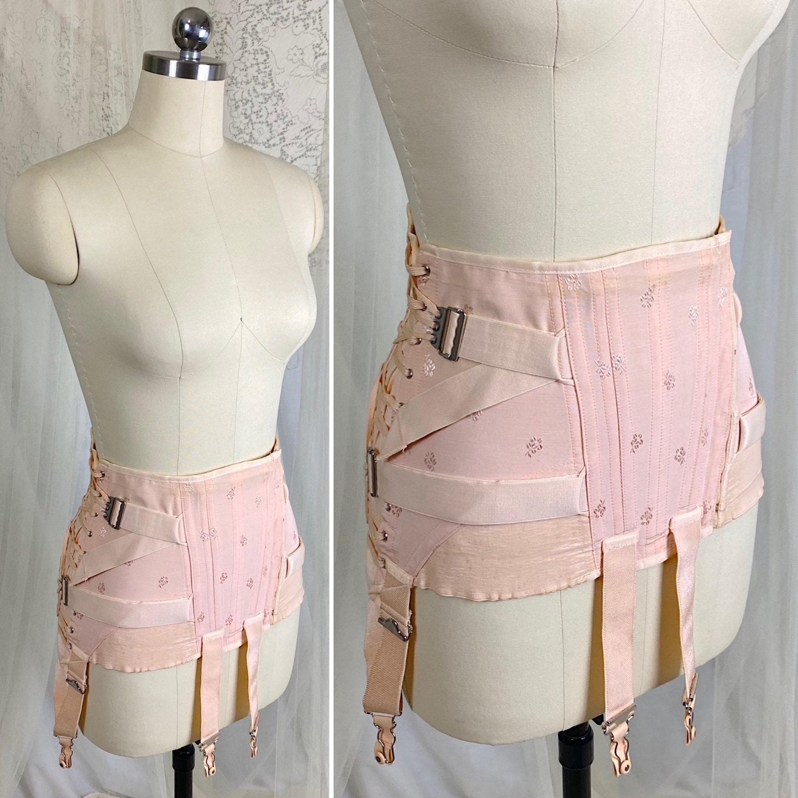 Vintage 1940's Girdle - Candy Pink Rayon Blend with Floral Satin Damask & Double Fan Corset Lacing - Size M - By Truform - Daggers & Dames