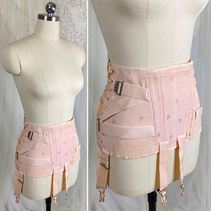 Vintage 1940's Girdle - Candy Pink Rayon Blend with Floral Satin Damask & Double Fan Corset Lacing - Size M - By Truform - Daggers & Dames