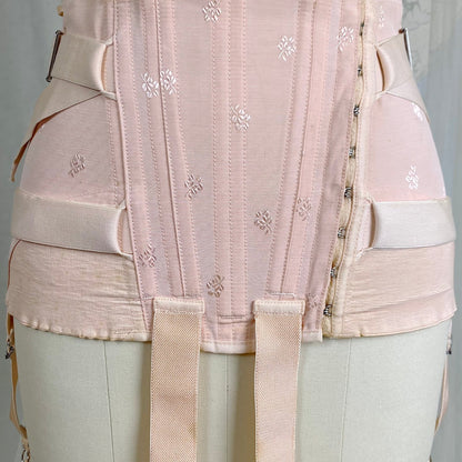 Vintage 1940's Girdle - Candy Pink Rayon Blend with Floral Satin Damask & Double Fan Corset Lacing - Size M - By Truform - Daggers & Dames