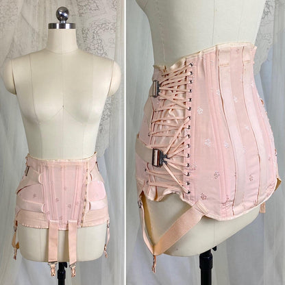 Vintage 1940's Girdle - Candy Pink Rayon Blend with Floral Satin Damask & Double Fan Corset Lacing - Size M - By Truform - Daggers & Dames