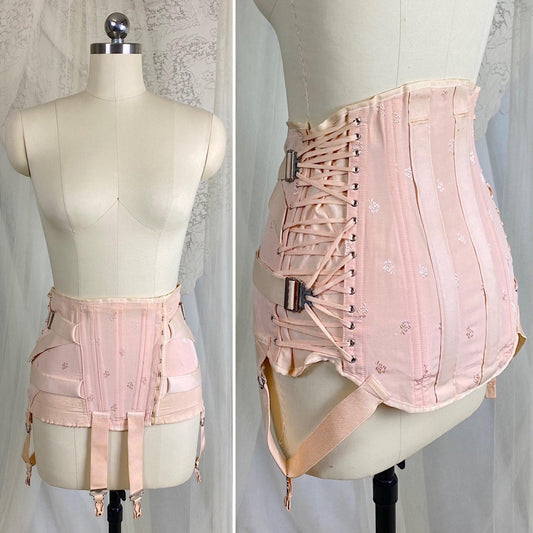Vintage 1940's Girdle - Candy Pink Rayon Blend with Floral Satin Damask & Double Fan Corset Lacing - Size M - By Truform - Daggers & Dames