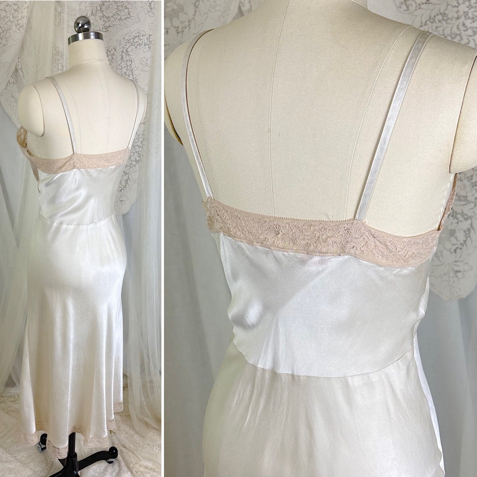 Vintage 1940's Golden Taupe Silk Satin Slip with Cotton Lace by Lady Lynn, Size M, LG - Daggers & Dames
