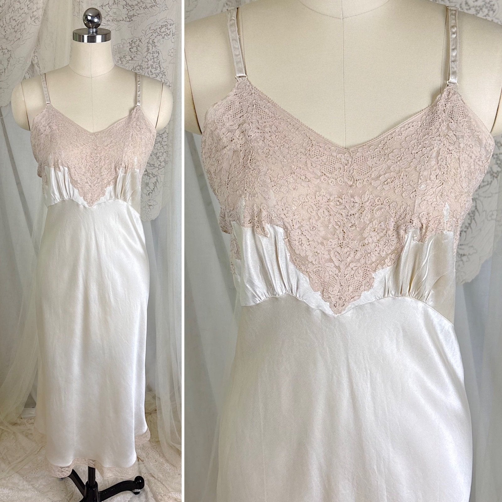 Vintage 1940's Golden Taupe Silk Satin Slip with Cotton Lace by Lady Lynn, Size M, LG - Daggers & Dames