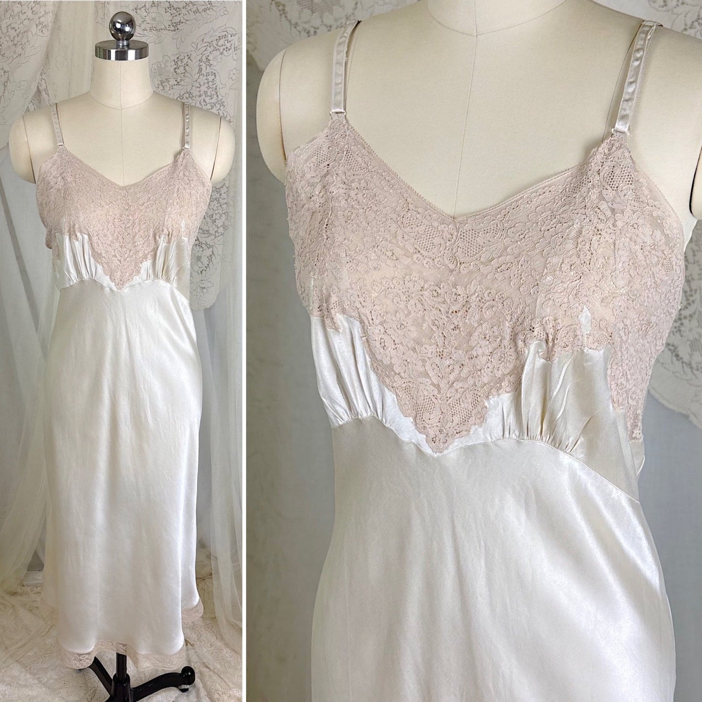 Vintage 1940's Golden Taupe Silk Satin Slip with Cotton Lace by Lady Lynn, Size M, LG - Daggers & Dames