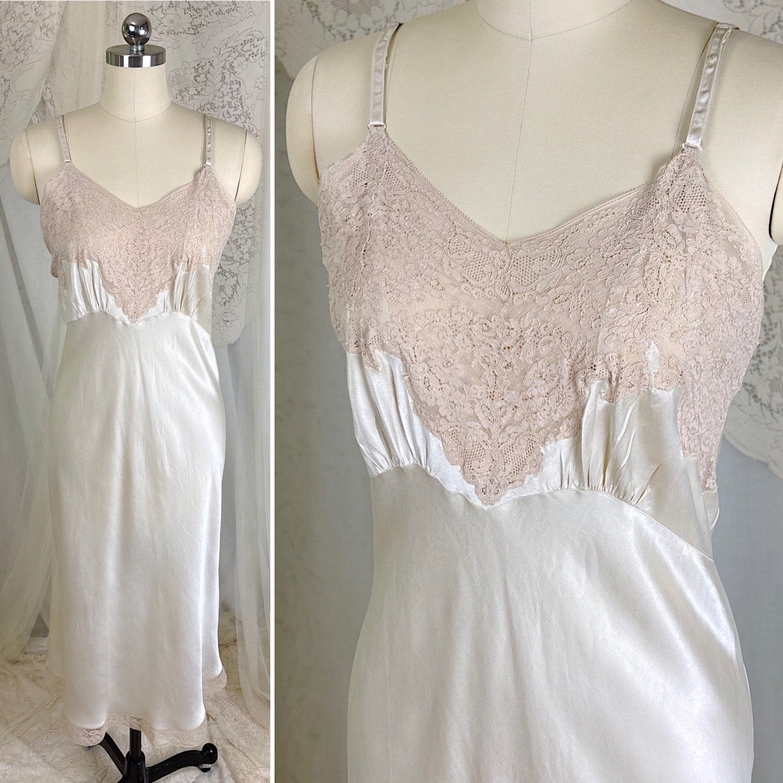 Vintage 1940's Golden Taupe Silk Satin Slip with Cotton Lace by Lady Lynn, Size M, LG - Daggers & Dames