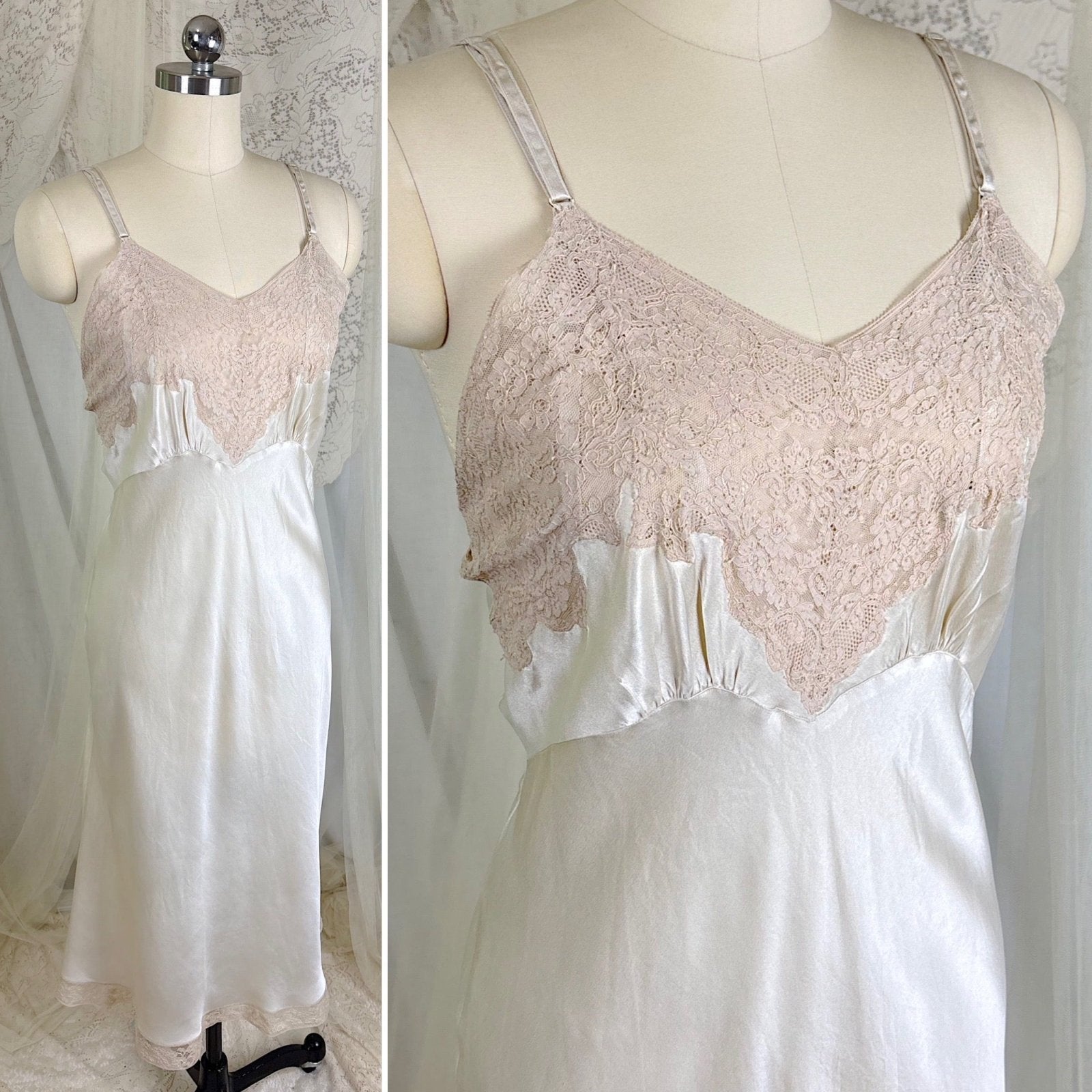 Vintage 1940's Golden Taupe Silk Satin Slip with Cotton Lace by Lady Lynn, Size M, LG - Daggers & Dames