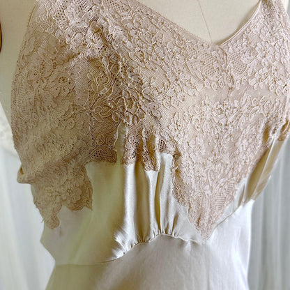 Vintage 1940's Golden Taupe Silk Satin Slip with Cotton Lace by Lady Lynn, Size M, LG - Daggers & Dames