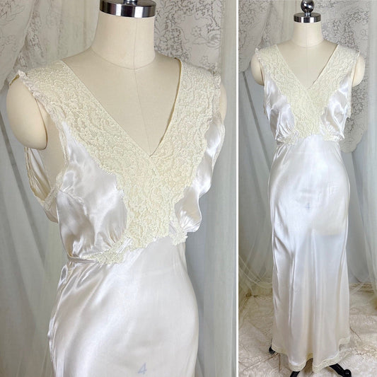 Vintage 1940's Ivory Rayon Satin Nightgown with Lace Appliqués - By Lady Leonora, Size XS, S - Daggers & Dames