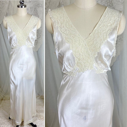 Vintage 1940's Ivory Rayon Satin Nightgown with Lace Appliqués - By Lady Leonora, Size XS, S - Daggers & Dames