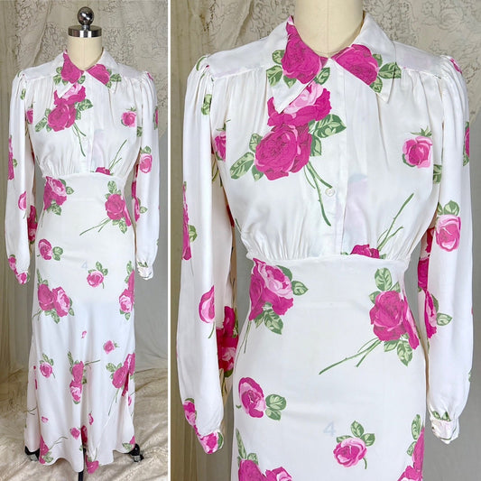 Vintage 1940's Long Bishop Sleeved White Rayon Nightgown with Bold Rose Print, size XS, S - Daggers & Dames