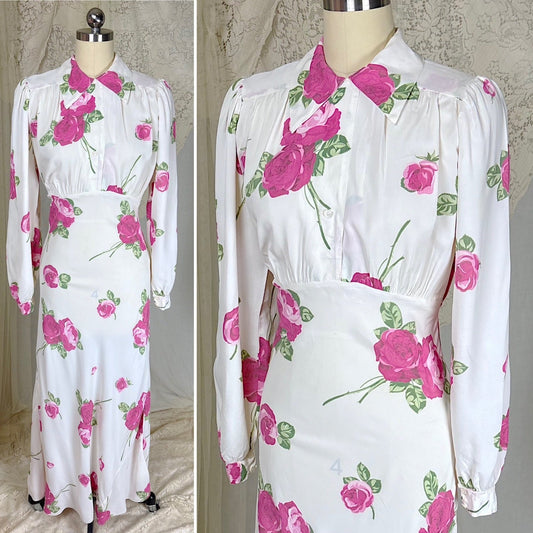 Vintage 1940's Long Bishop Sleeved White Rayon Nightgown with Bold Rose Print, size XS, S - Daggers & Dames