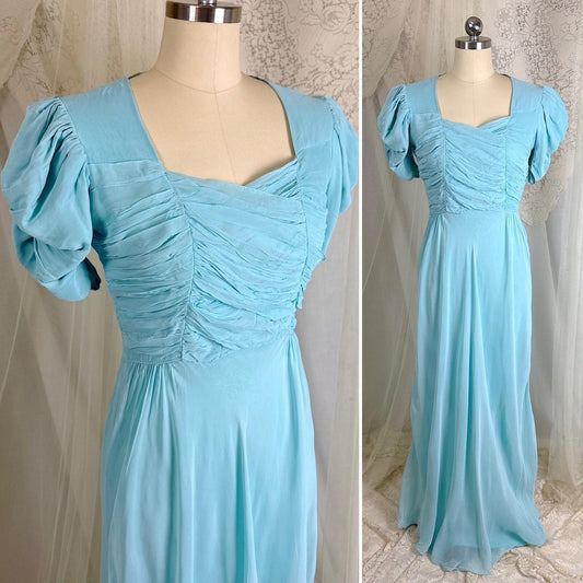 Vintage 1940's Maxi Dress - Robin's Egg Blue Rayon Chiffon with Puffed Sleeves - Size S - Daggers & Dames