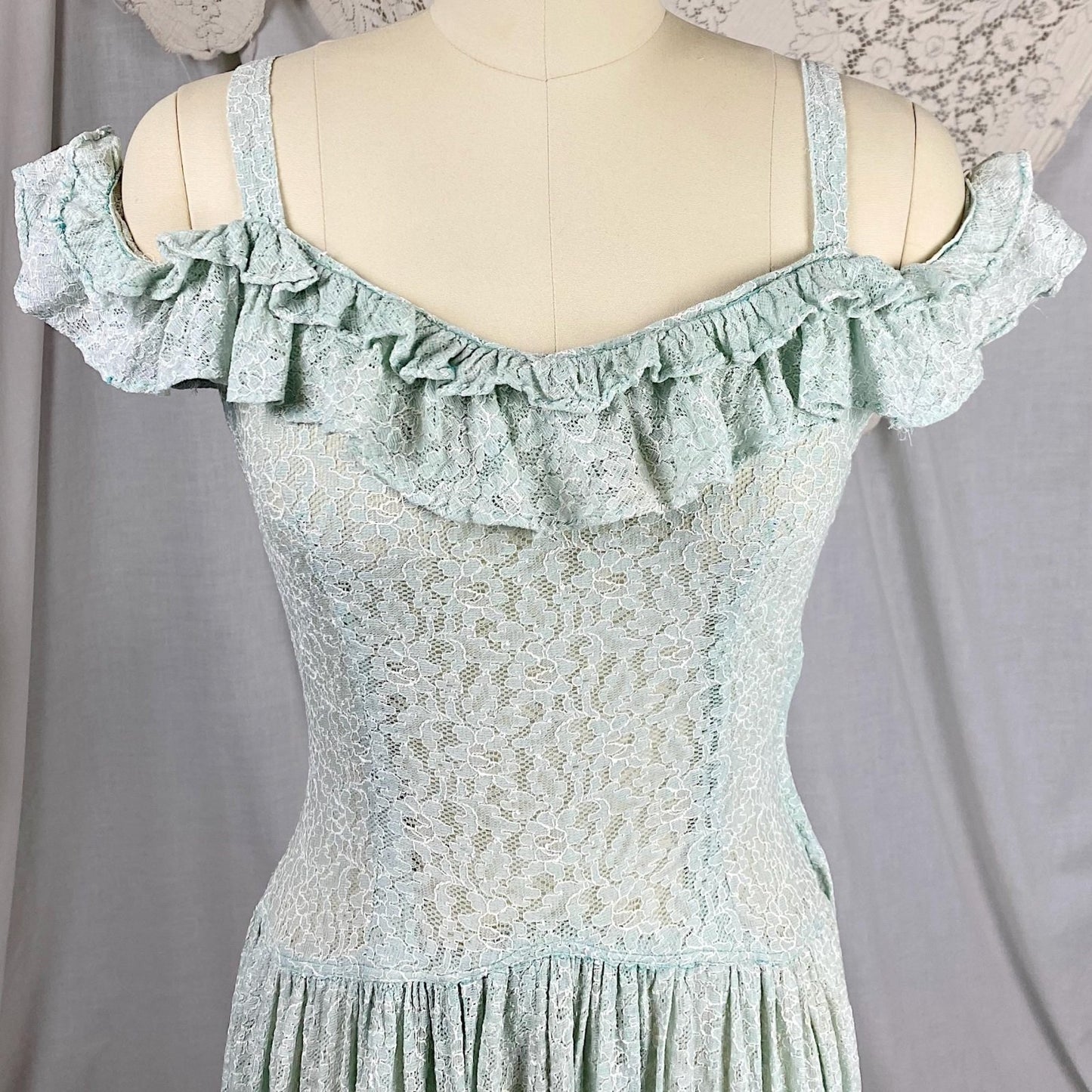Vintage 1940's Maxi Dress | Seafoam Green Floral Cotton Lace with Ruffled Cold Shoulder | Size XS, S - Daggers & Dames
