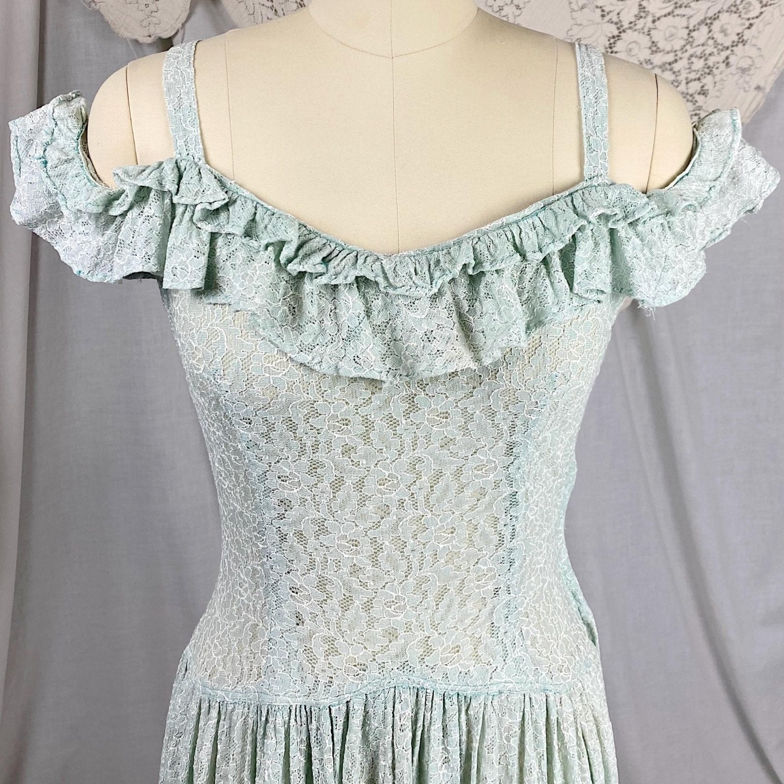 Vintage 1940's Maxi Dress | Seafoam Green Floral Cotton Lace with Ruffled Cold Shoulder | Size XS, S - Daggers & Dames