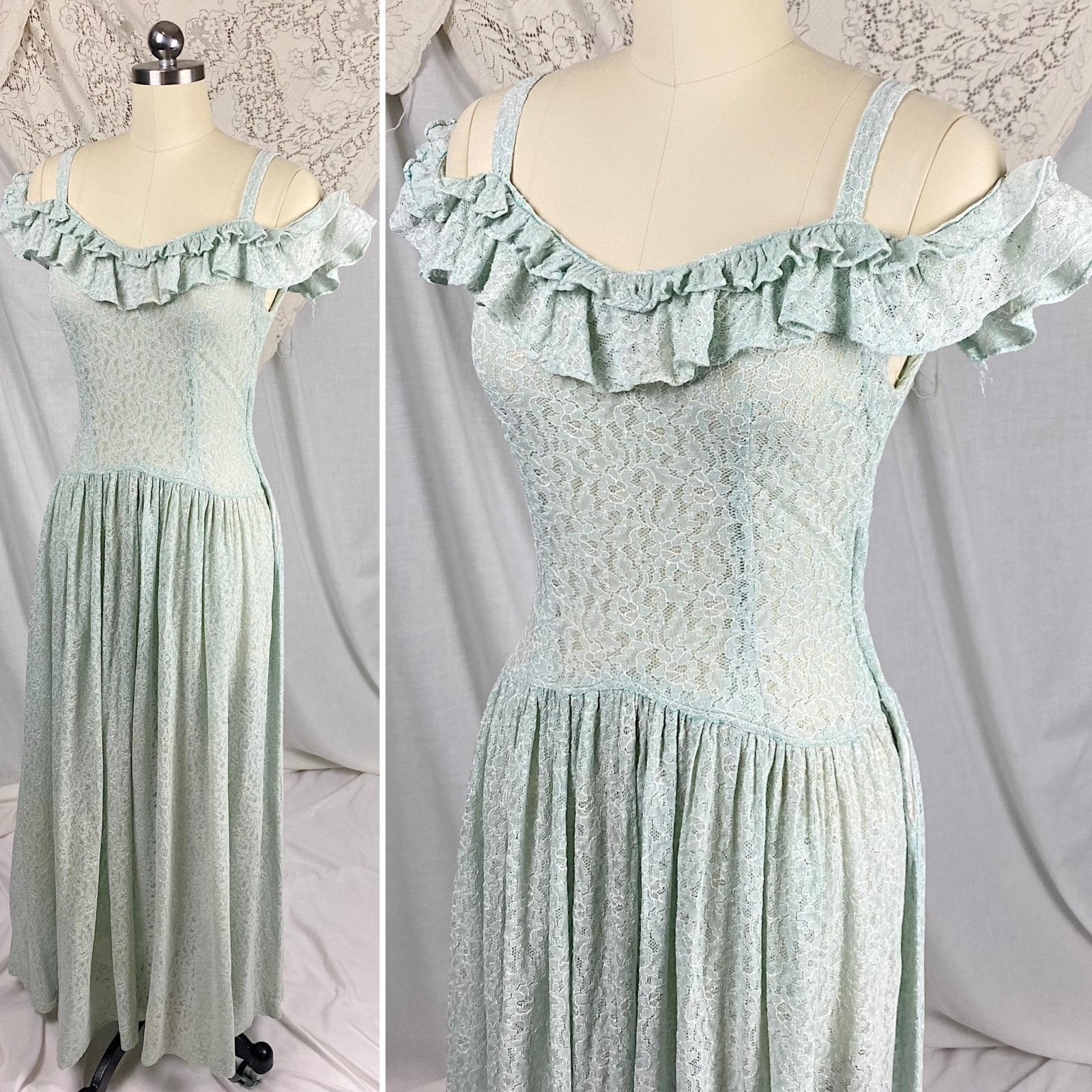 Vintage 1940's Maxi Dress | Seafoam Green Floral Cotton Lace with Ruffled Cold Shoulder | Size XS, S - Daggers & Dames
