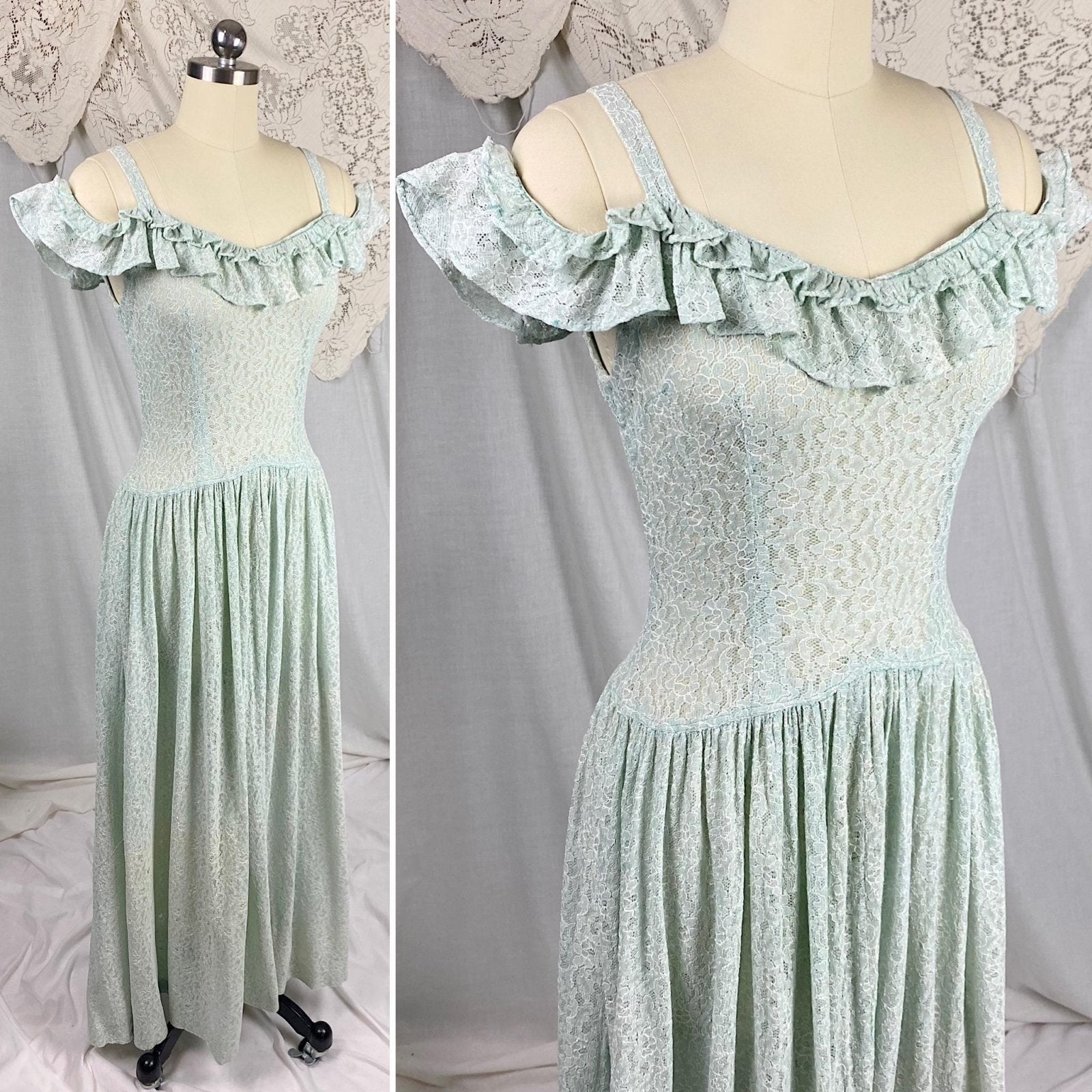 Vintage 1940's Maxi Dress | Seafoam Green Floral Cotton Lace with Ruffled Cold Shoulder | Size XS, S - Daggers & Dames