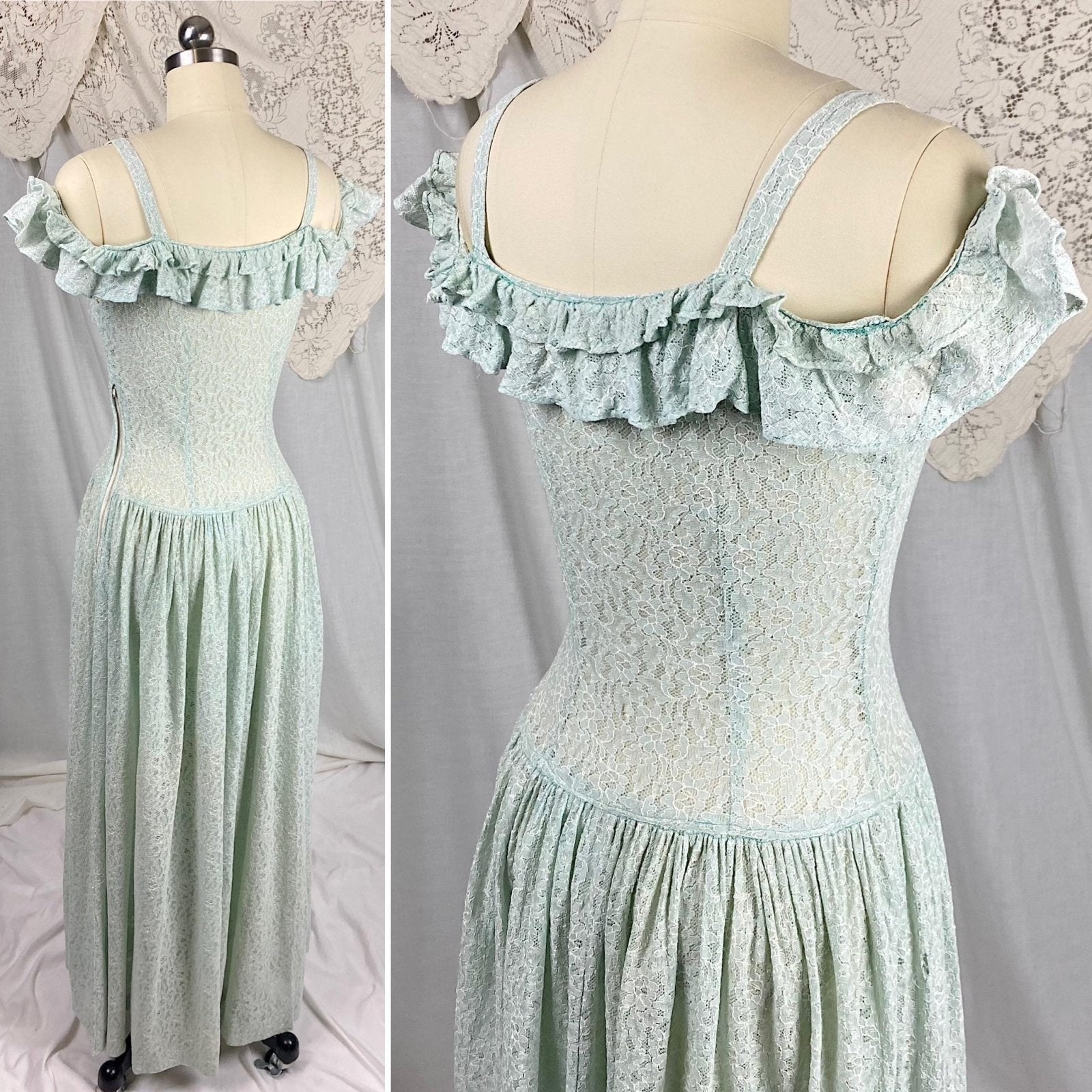 Vintage 1940's Maxi Dress | Seafoam Green Floral Cotton Lace with Ruffled Cold Shoulder | Size XS, S - Daggers & Dames