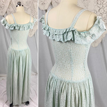 Vintage 1940's Maxi Dress | Seafoam Green Floral Cotton Lace with Ruffled Cold Shoulder | Size XS, S - Daggers & Dames