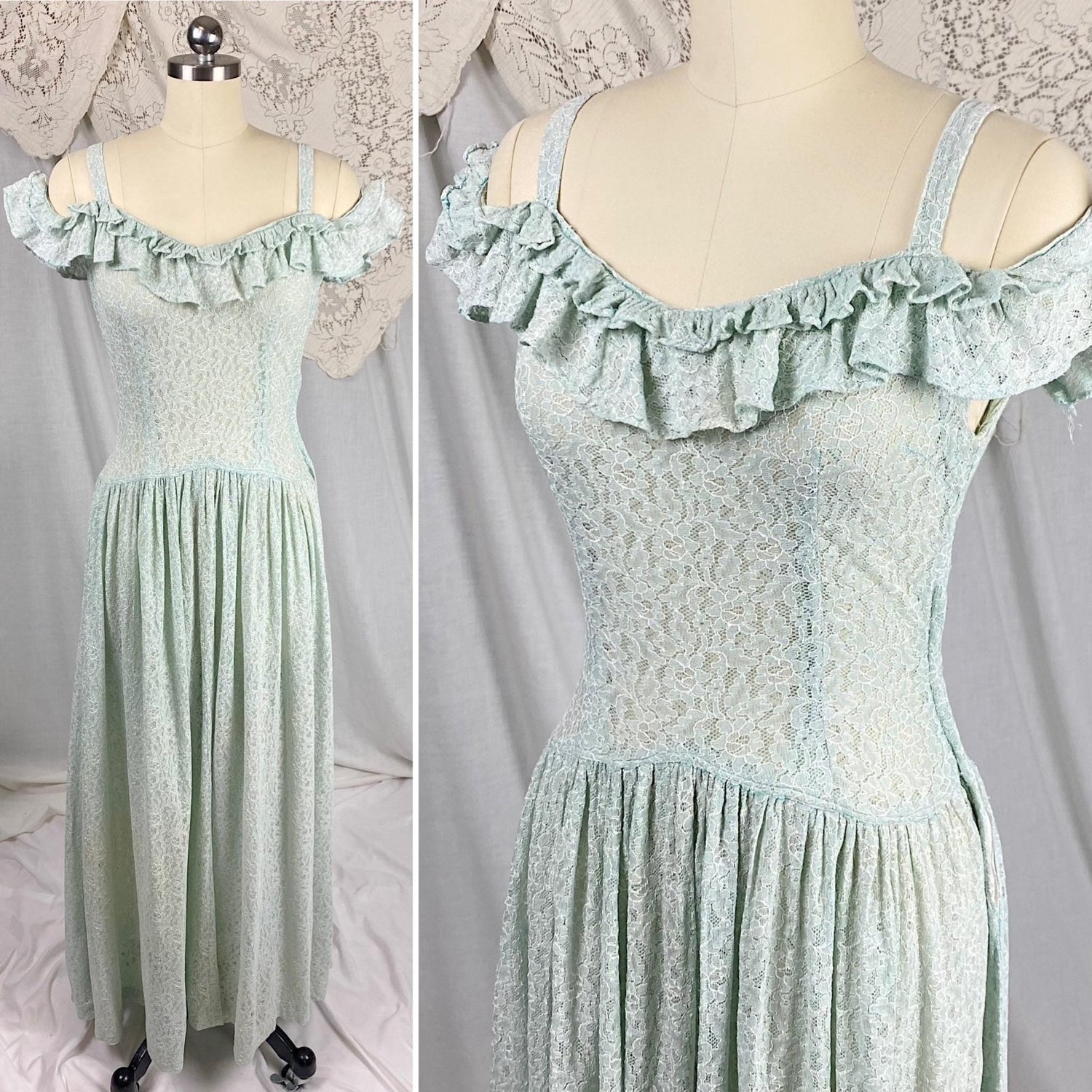 Vintage 1940's Maxi Dress | Seafoam Green Floral Cotton Lace with Ruffled Cold Shoulder | Size XS, S - Daggers & Dames