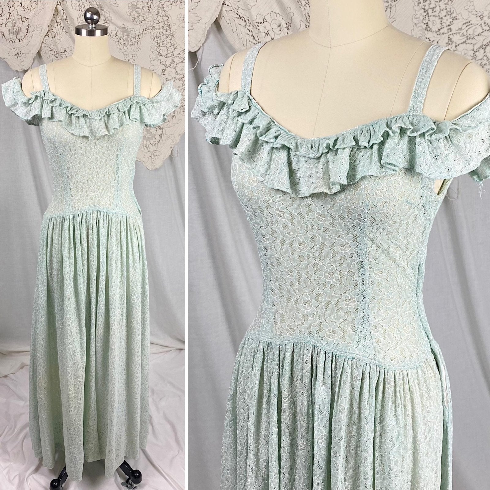 Vintage 1940's Maxi Dress | Seafoam Green Floral Cotton Lace with Ruffled Cold Shoulder | Size XS, S - Daggers & Dames