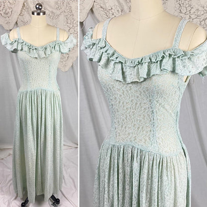 Vintage 1940's Maxi Dress | Seafoam Green Floral Cotton Lace with Ruffled Cold Shoulder | Size XS, S - Daggers & Dames