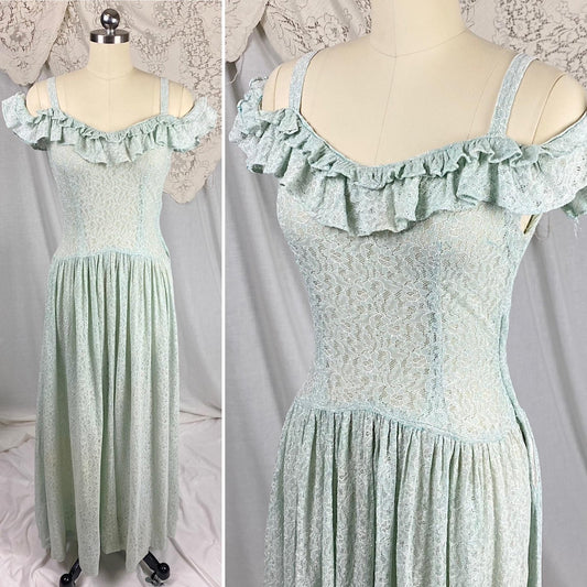 Vintage 1940's Maxi Dress | Seafoam Green Floral Cotton Lace with Ruffled Cold Shoulder | Size XS, S - Daggers & Dames