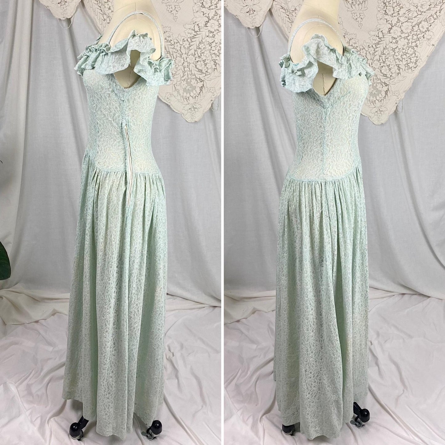 Vintage 1940's Maxi Dress | Seafoam Green Floral Cotton Lace with Ruffled Cold Shoulder | Size XS, S - Daggers & Dames