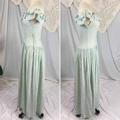 Vintage 1940's Maxi Dress | Seafoam Green Floral Cotton Lace with Ruffled Cold Shoulder | Size XS, S - Daggers & Dames