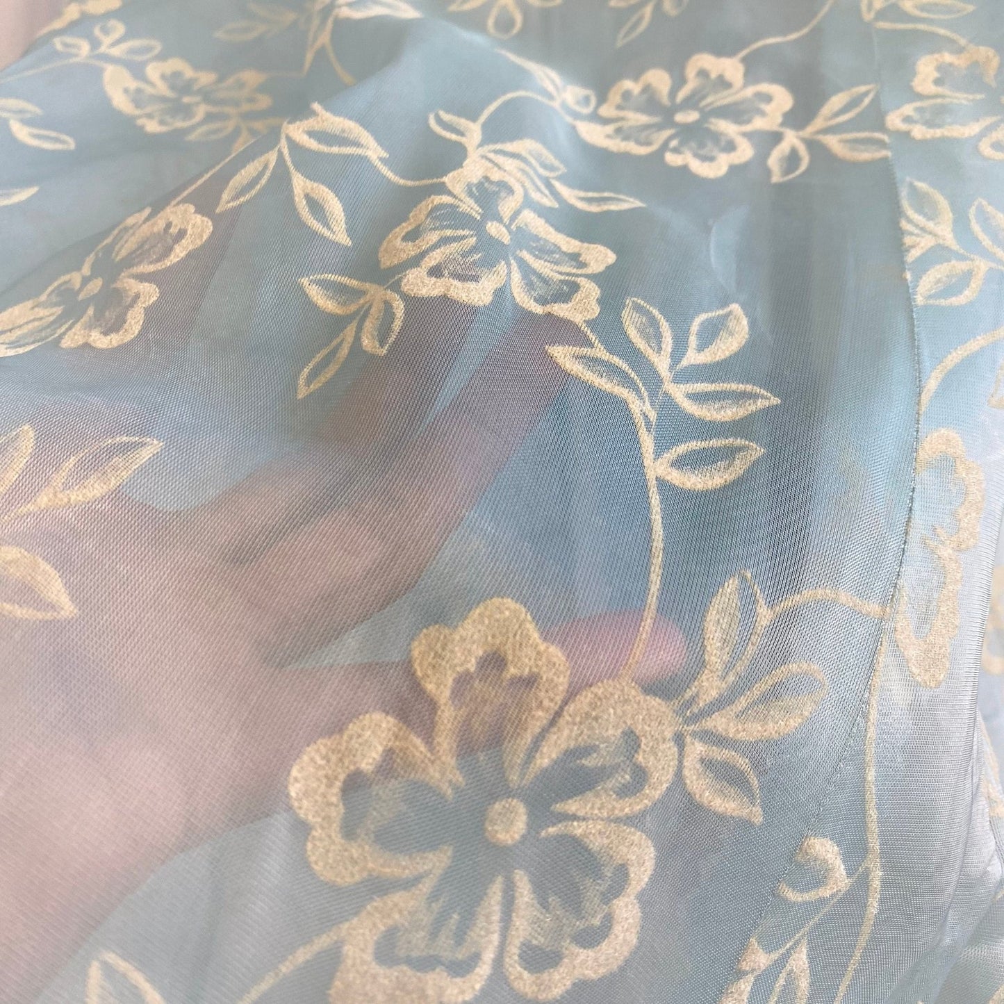 Vintage 1940's Maxi Dress | Sheer Sky Blue Rayon Organza with Fuzzy Cream Floral Pattern & Ruffled Yoke | Size XS - Daggers & Dames
