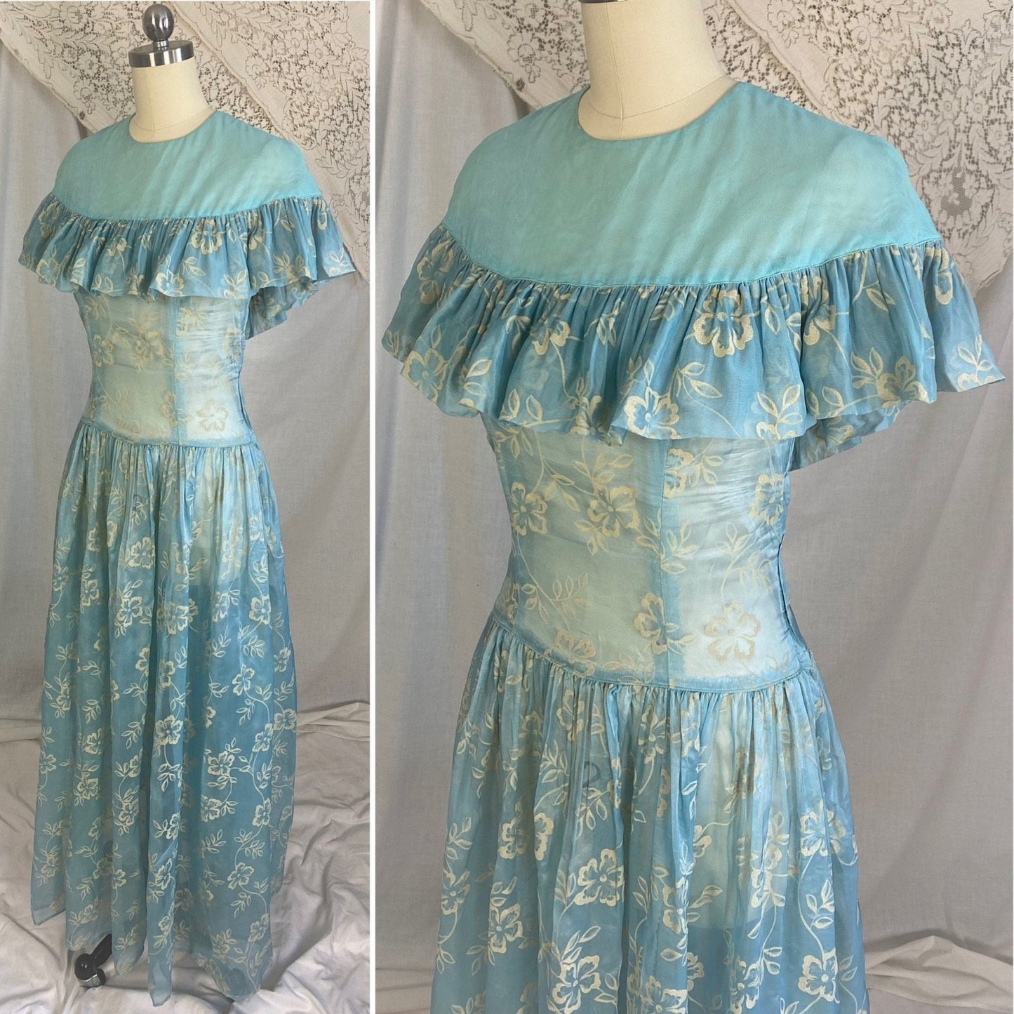 Vintage 1940's Maxi Dress | Sheer Sky Blue Rayon Organza with Fuzzy Cream Floral Pattern & Ruffled Yoke | Size XS - Daggers & Dames