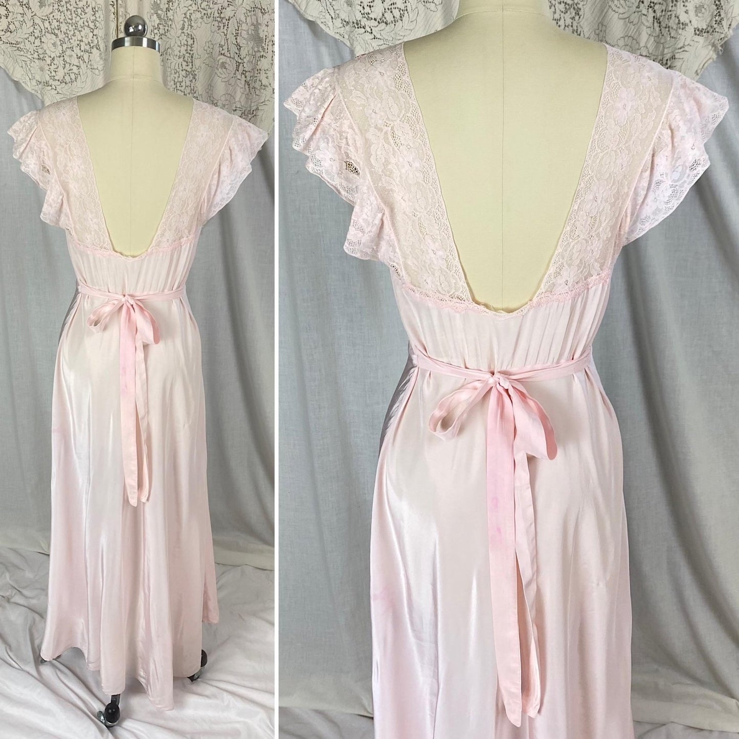 Vintage 1940's Nightgown | Baby Pink Rayon with Ruffled Cotton Lace & Silk Appliqués | Size S, M - Daggers & Dames