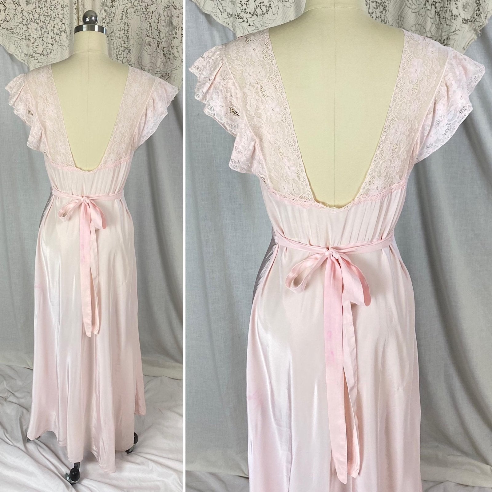 Vintage 1940's Nightgown | Baby Pink Rayon with Ruffled Cotton Lace & Silk Appliqués | Size S, M - Daggers & Dames