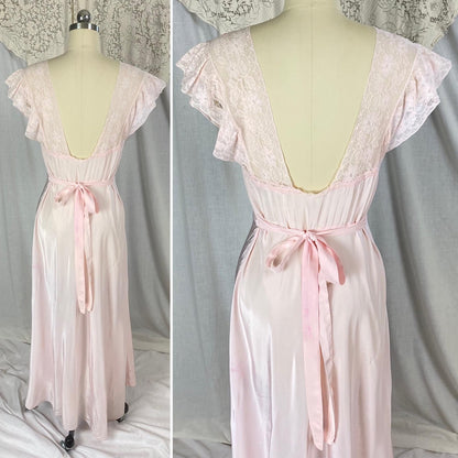 Vintage 1940's Nightgown | Baby Pink Rayon with Ruffled Cotton Lace & Silk Appliqués | Size S, M - Daggers & Dames