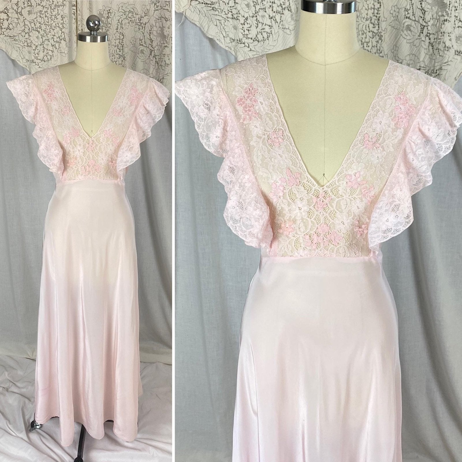 Vintage 1940's Nightgown | Baby Pink Rayon with Ruffled Cotton Lace & Silk Appliqués | Size S, M - Daggers & Dames