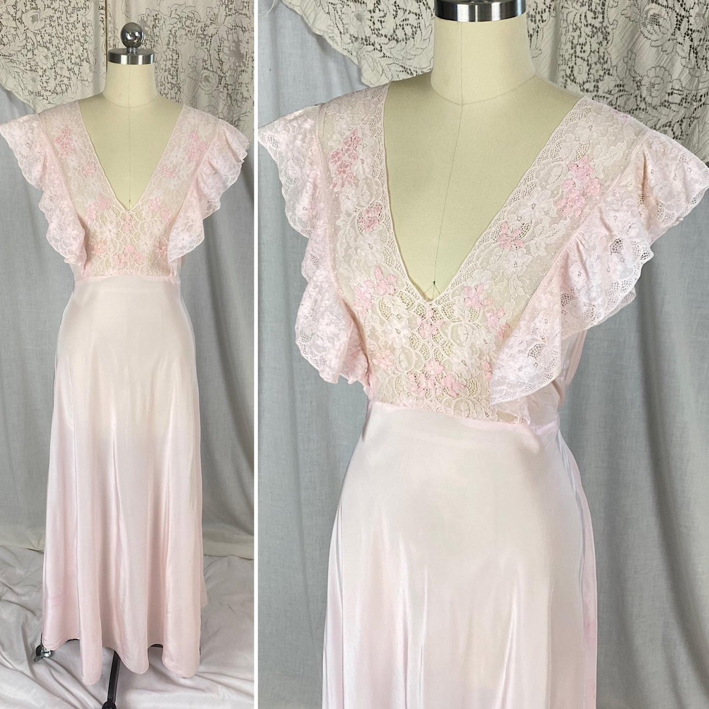 Vintage 1940's Nightgown | Baby Pink Rayon with Ruffled Cotton Lace & Silk Appliqués | Size S, M - Daggers & Dames