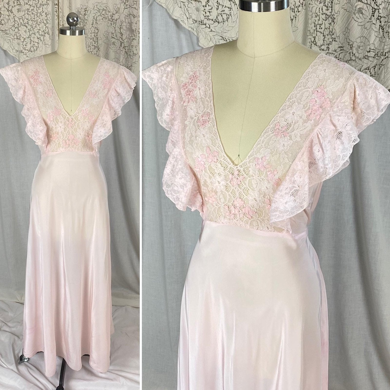 Vintage 1940's Nightgown | Baby Pink Rayon with Ruffled Cotton Lace & Silk Appliqués | Size S, M - Daggers & Dames
