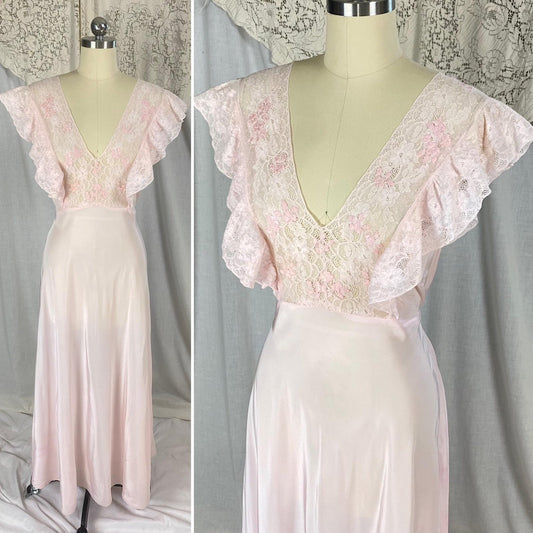 Vintage 1940's Nightgown | Baby Pink Rayon with Ruffled Cotton Lace & Silk Appliqués | Size S, M - Daggers & Dames
