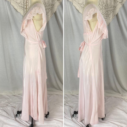 Vintage 1940's Nightgown | Baby Pink Rayon with Ruffled Cotton Lace & Silk Appliqués | Size S, M - Daggers & Dames