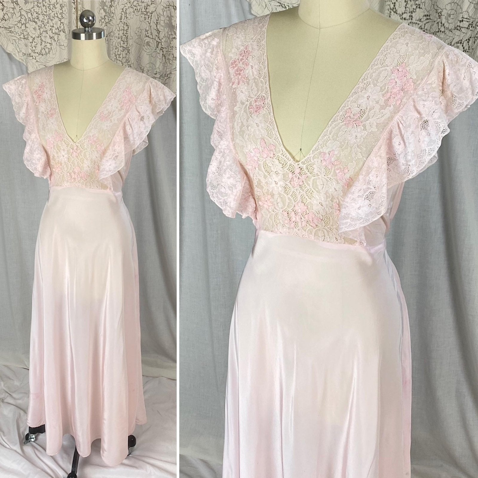 Vintage 1940's Nightgown | Baby Pink Rayon with Ruffled Cotton Lace & Silk Appliqués | Size S, M - Daggers & Dames