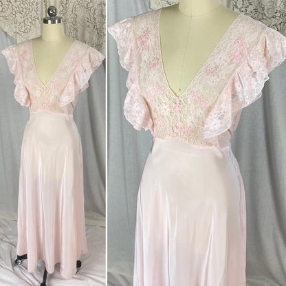 Vintage 1940's Nightgown | Baby Pink Rayon with Ruffled Cotton Lace & Silk Appliqués | Size S, M - Daggers & Dames