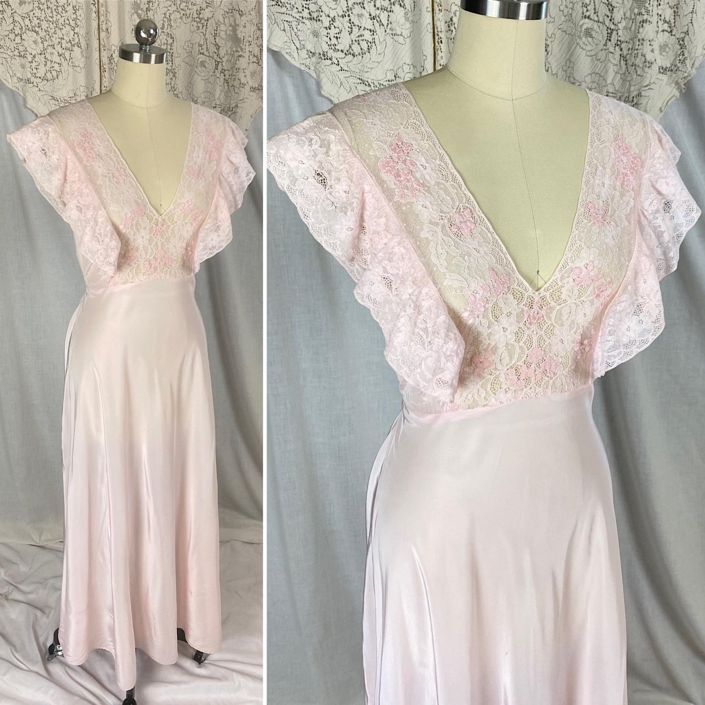 Vintage 1940's Nightgown | Baby Pink Rayon with Ruffled Cotton Lace & Silk Appliqués | Size S, M - Daggers & Dames