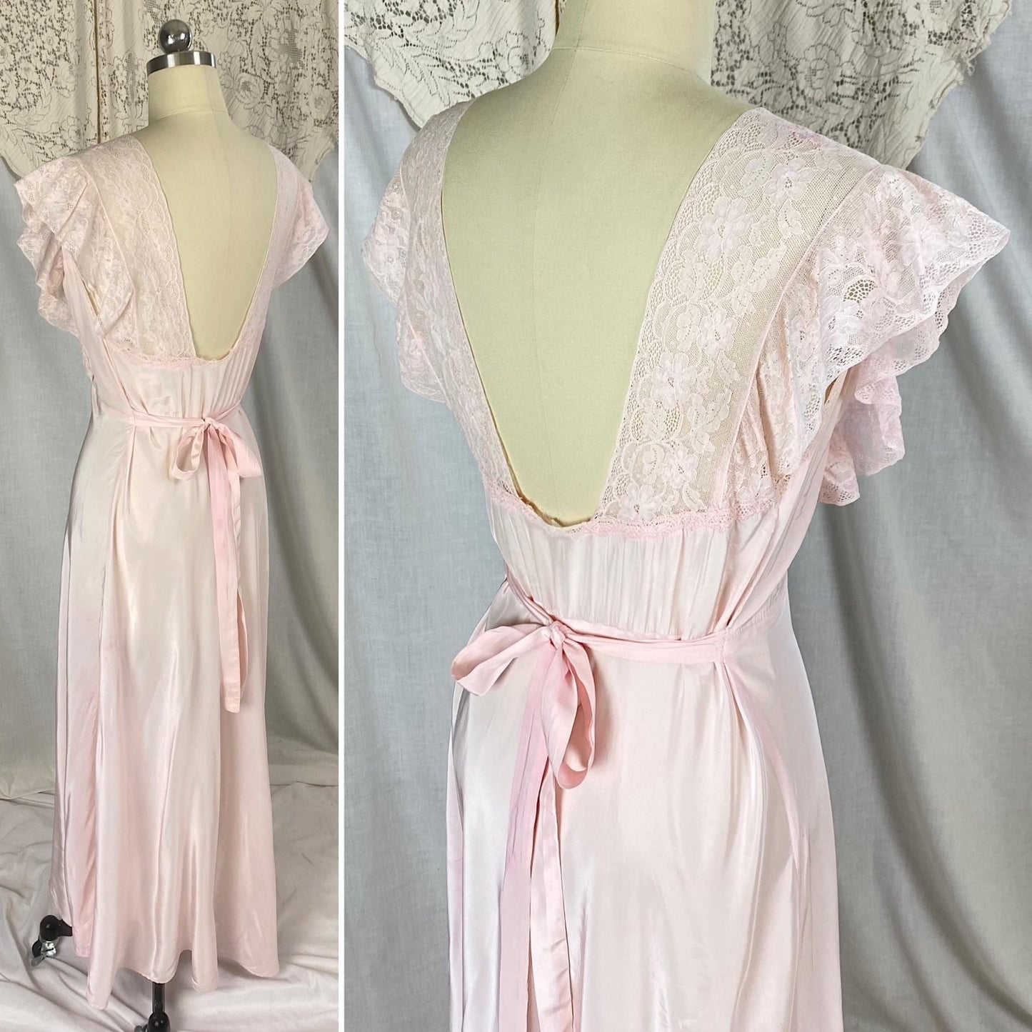 Vintage 1940's Nightgown | Baby Pink Rayon with Ruffled Cotton Lace & Silk Appliqués | Size S, M - Daggers & Dames