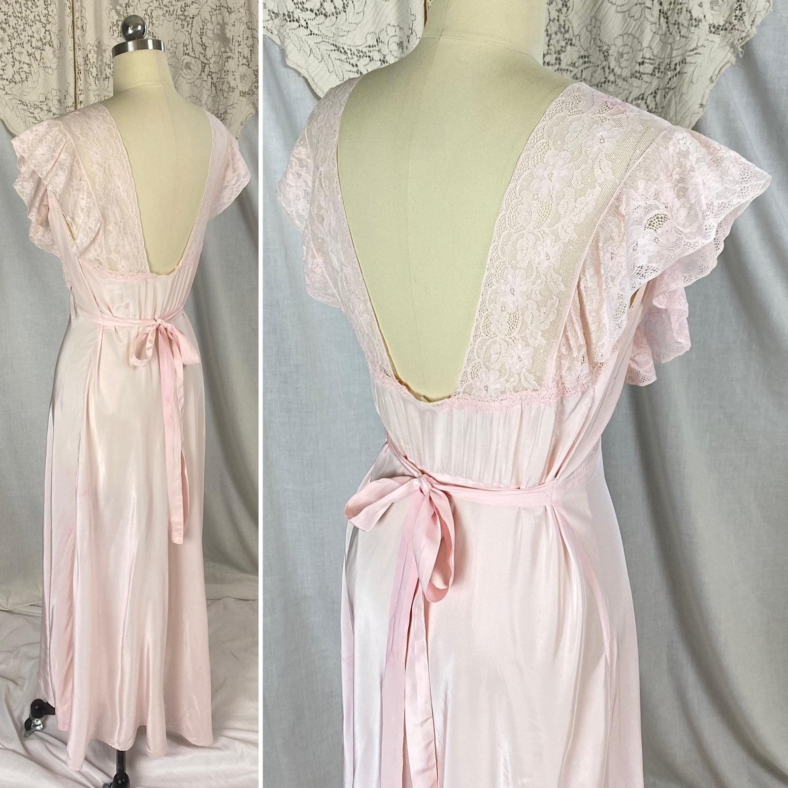 Vintage 1940's Nightgown | Baby Pink Rayon with Ruffled Cotton Lace & Silk Appliqués | Size S, M - Daggers & Dames